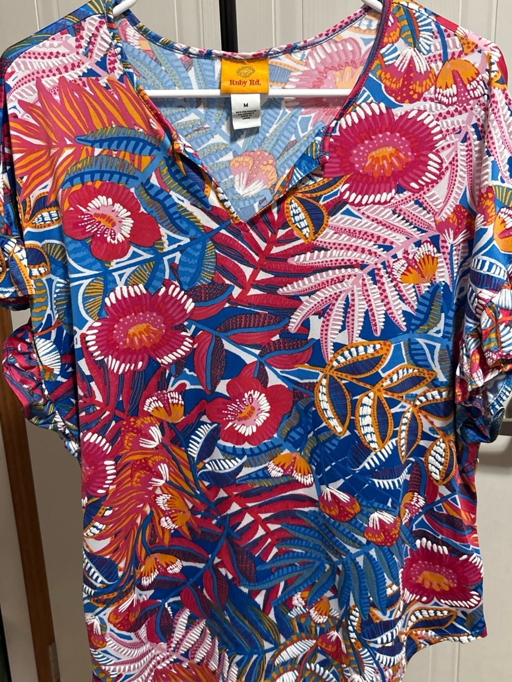 Ruby Rd. Bright Floral V-Neck Blouse in Blue, Pink & Orange